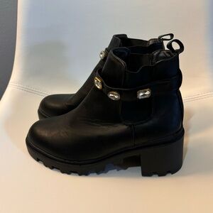 Black Leather Ankle Booties with Decorative Gems